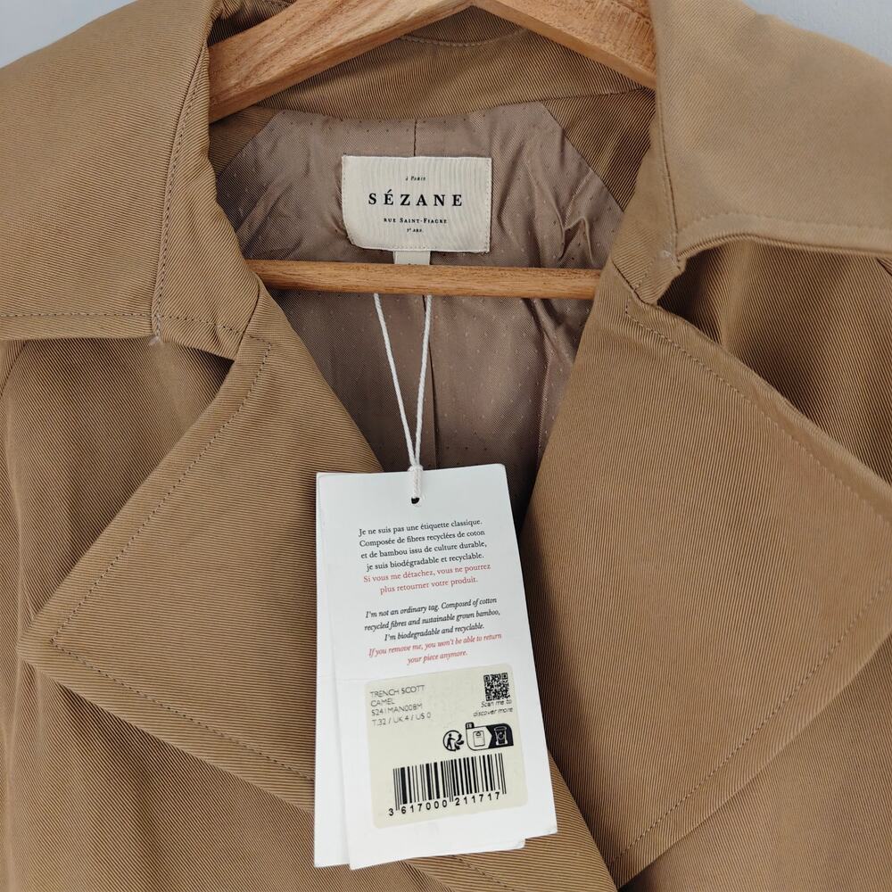 NWT Sézane Scott Trench Coat Camel Beige FR 32 US 0 Belted Classic Tan - Picture 2 of 8
